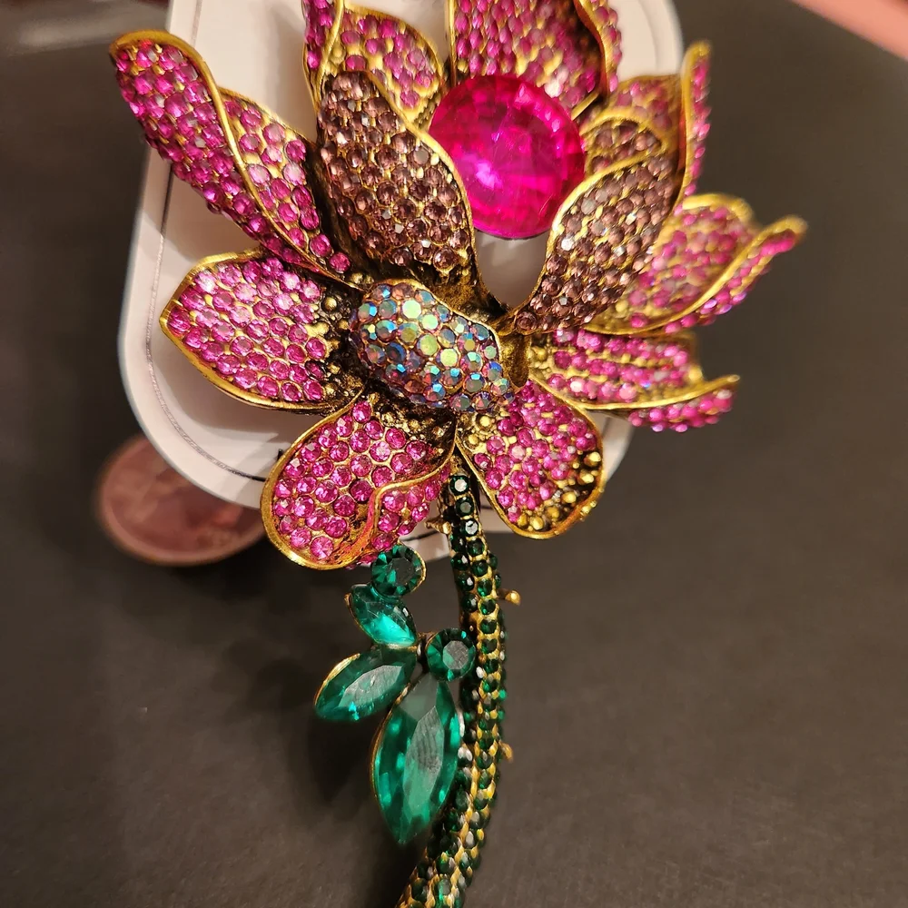 Rhinestone Chunky Statement Pink and Green Floral Brooch New Fashion Trendy